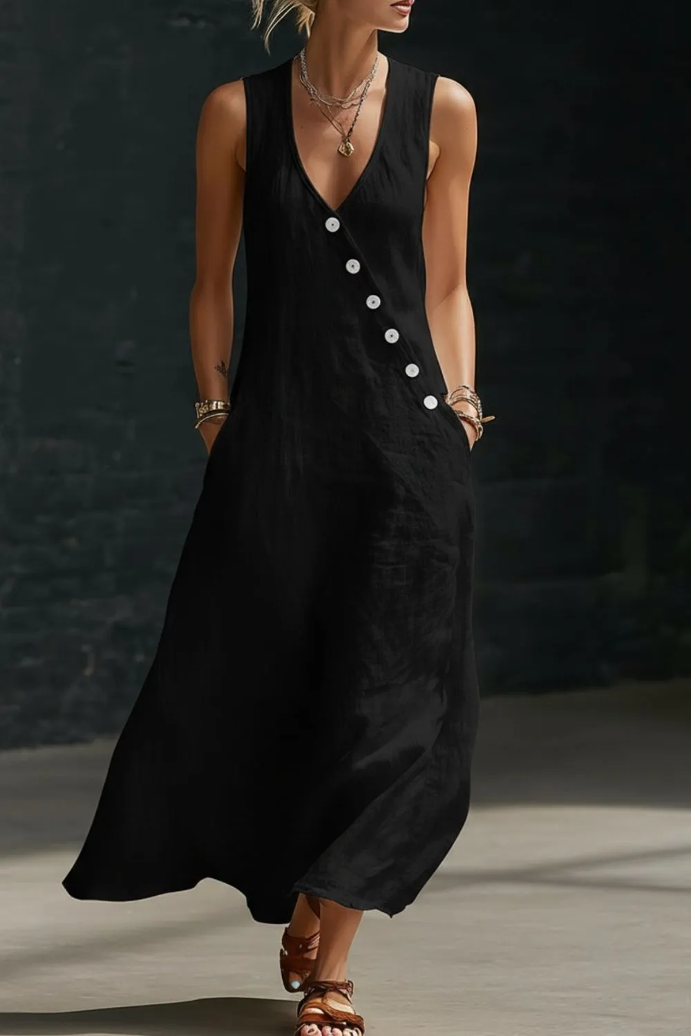 Drape Button Front Sleeveless Midi Dress