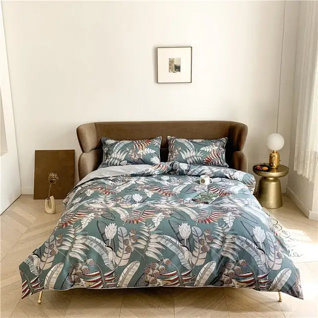 (Store Closing Sale) 6Pcs Luxury Egyptian Cotton Bedding Set Bright Flamingo Leaf Duvet Cover Bed Fitted sheet