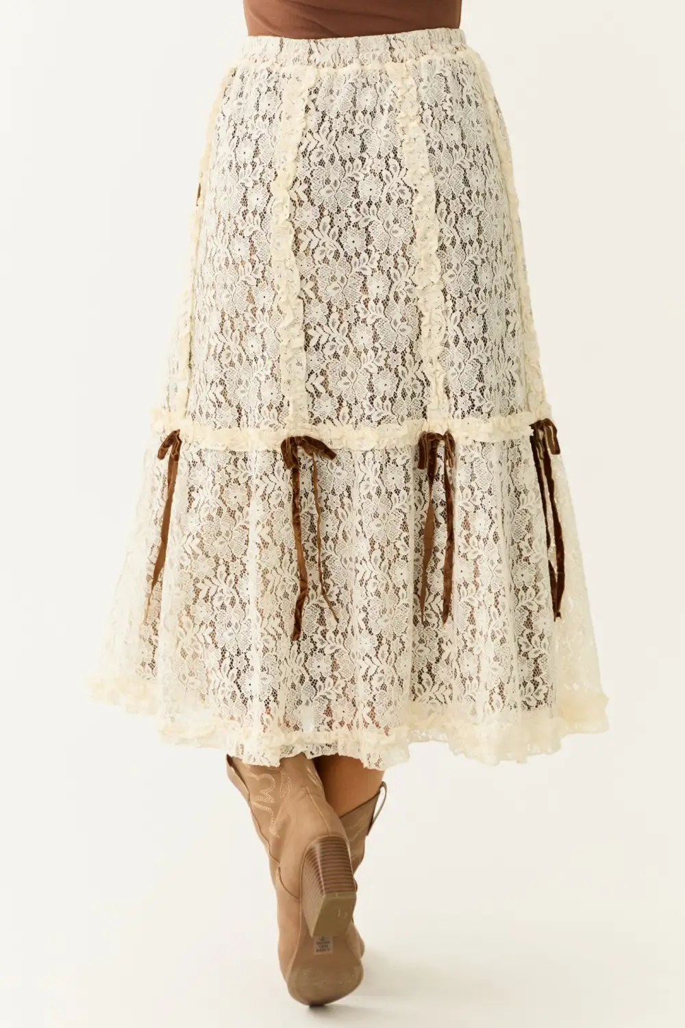 Cream Lace Maxi Skirt with Velvet Bow Detail