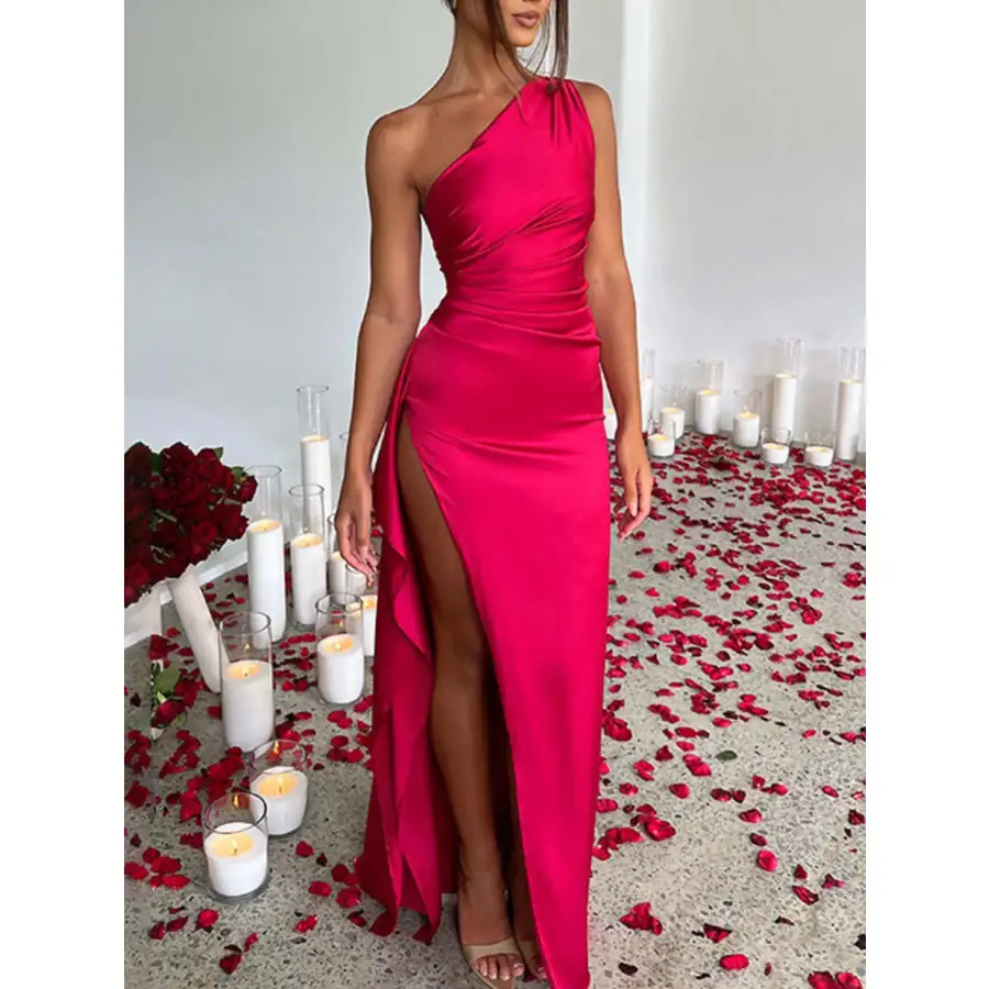 One Shoulder Satin Dress with High Slit