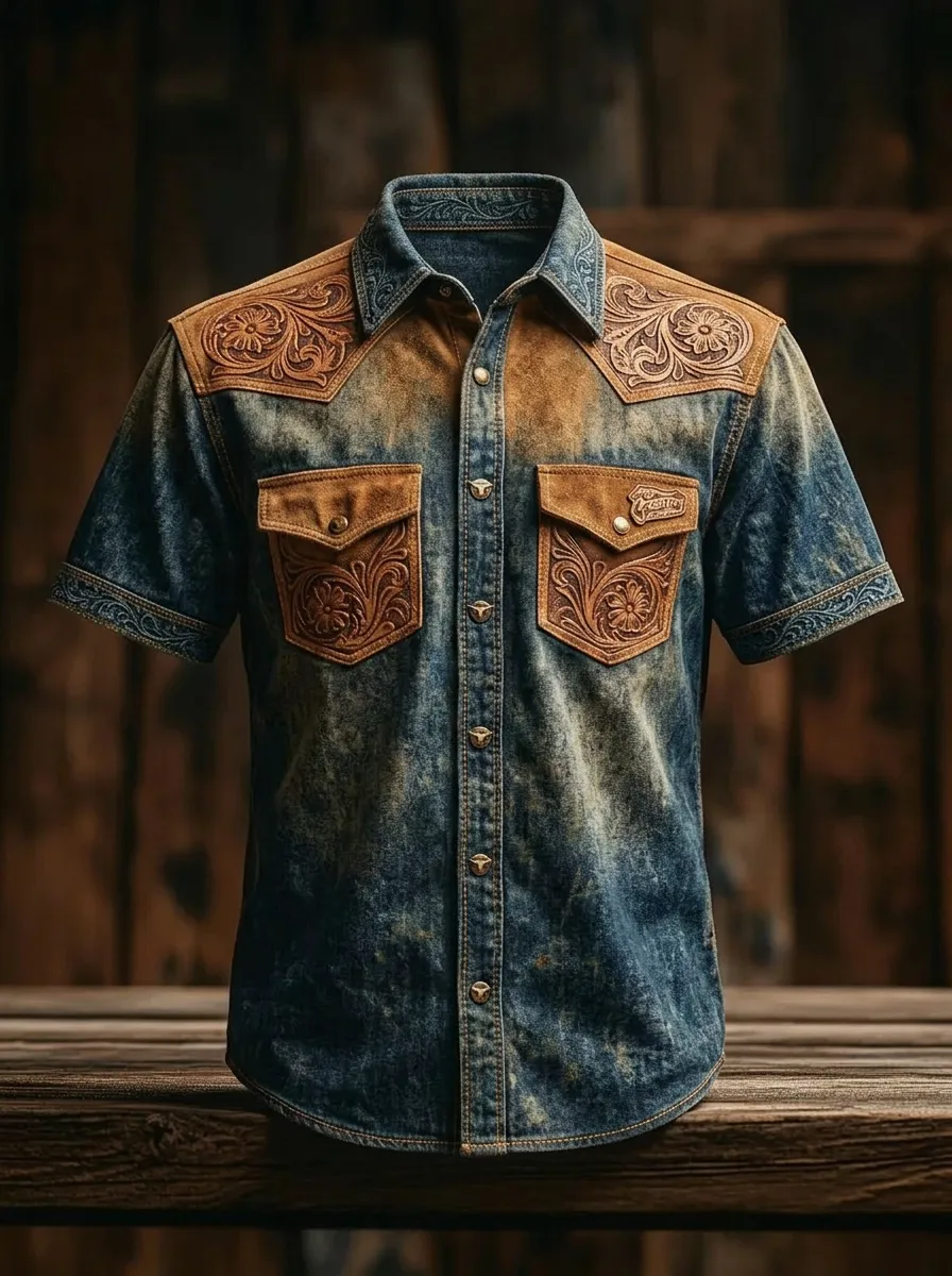 Men's Western Cowboy Floral Tooled Leather Print Denim Shirt-2