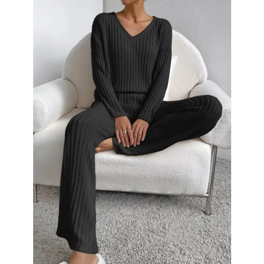 Ribbed Knit Long Sleeve Top and Pants Set