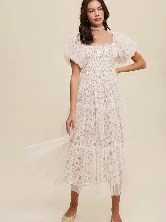 Beauty and Grace Floral Print and Mesh Puff Sleeve Maxi Dress