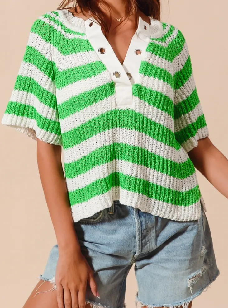 Striped Eyelets V Neck Sweater