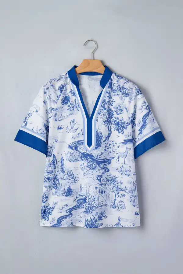 Blue Wild Animal Paradise Contrast V Neck Raglan Sleeve Blouse