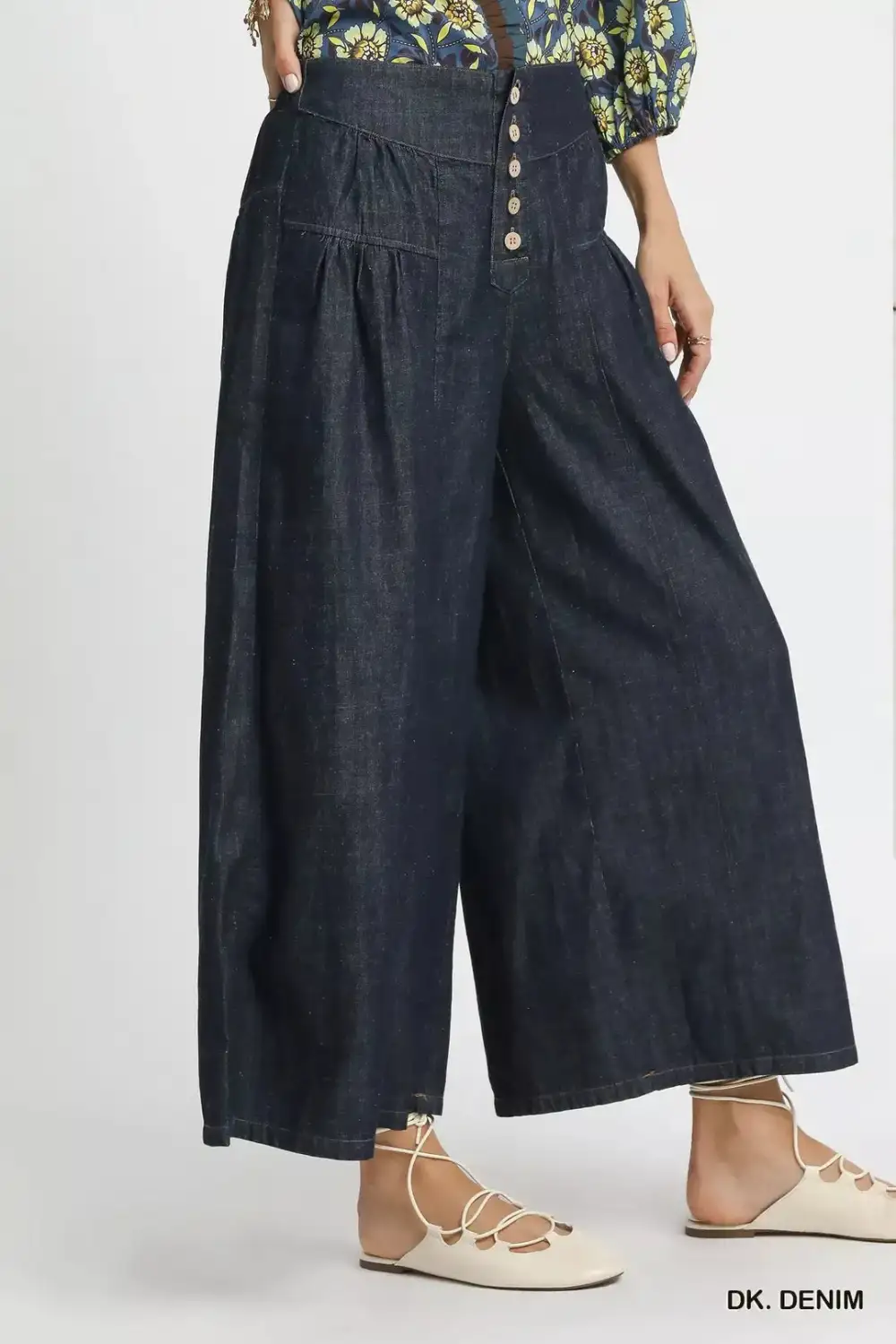 Washed Wide Leg Button Front Culottes Pants