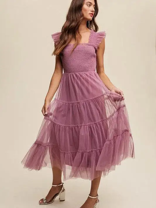 Living my Own Fairytale Smocked Mesh Ruffle Tiered Maxi Dress