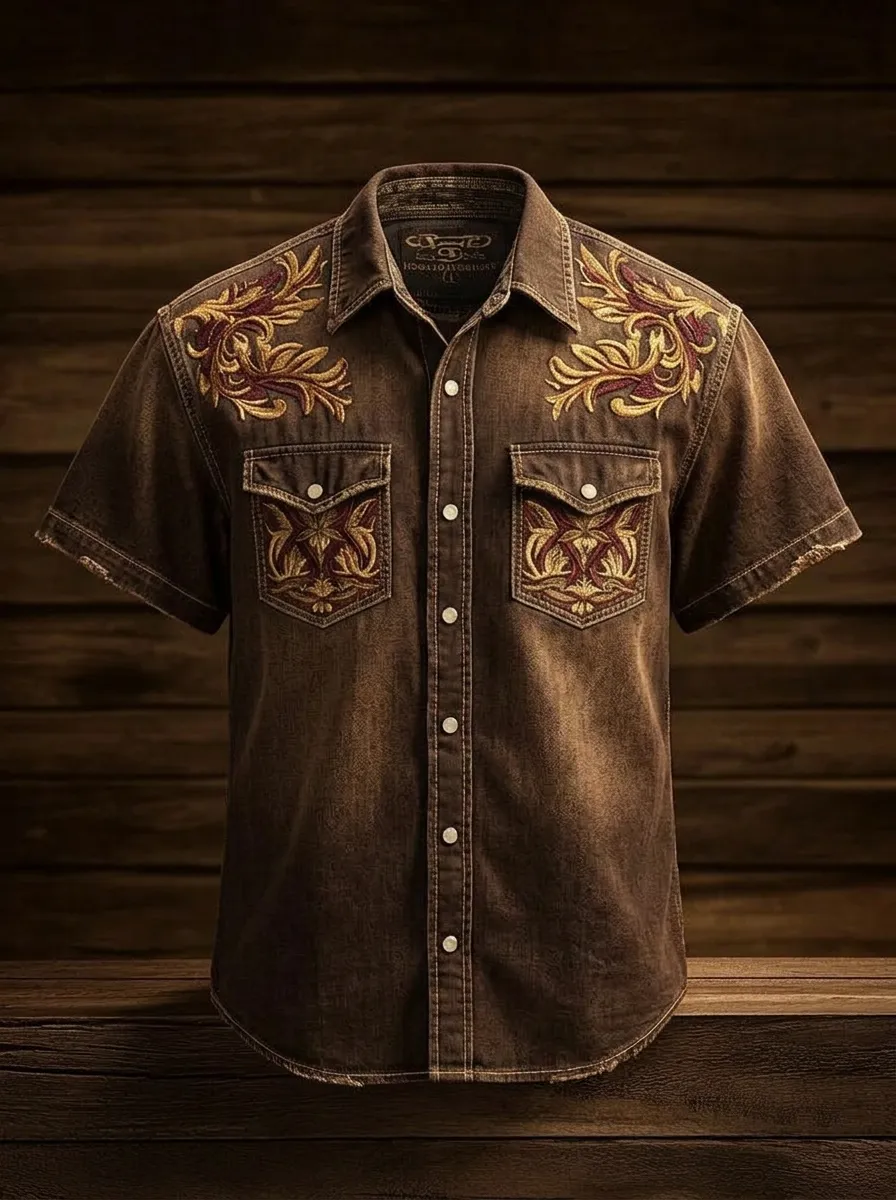 Men's Western Style Floral Embroidery Printed Shirt-2