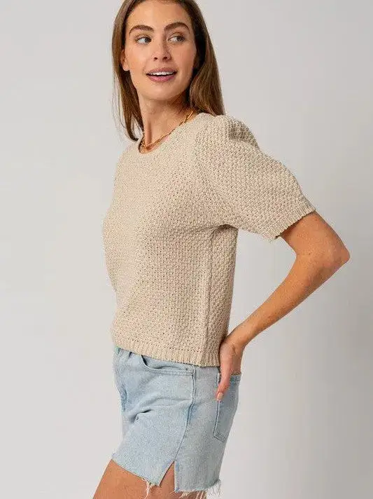 Brown Sugar Oatmeal Puff Sleeve Textured Sweater Top