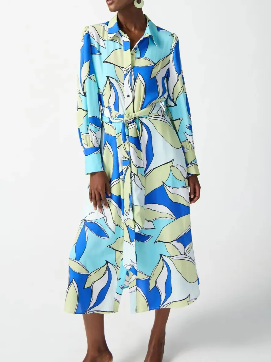 Blue and White Leaf Print Shirt Dress