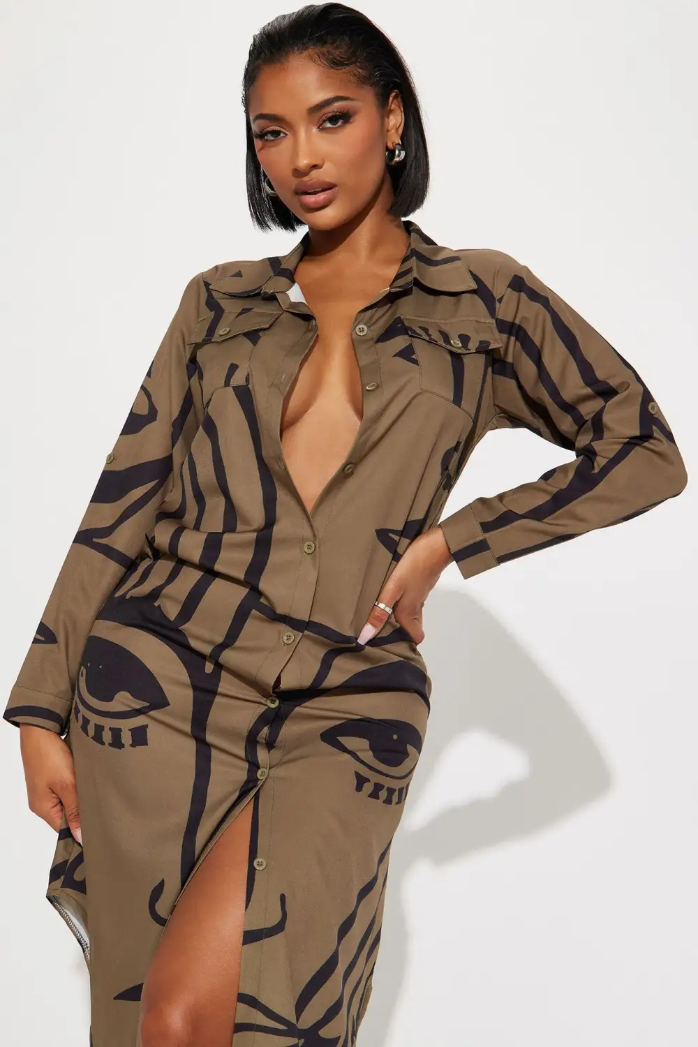 Eyes On You Maxi Shirt Dress - Olive/combo