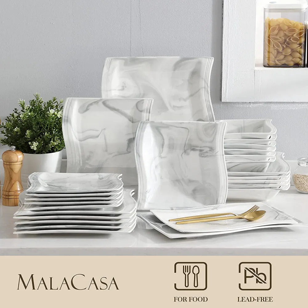 MALACASA Ivory White Dinnerware Sets, 60-Piece Square Dish Set for 12, Porcelain Dishes with Dinner Plates, Dessert Plates and Soup Plates, Cups and Saucers, Modern Dinnerware Oven Safe, Series Flora