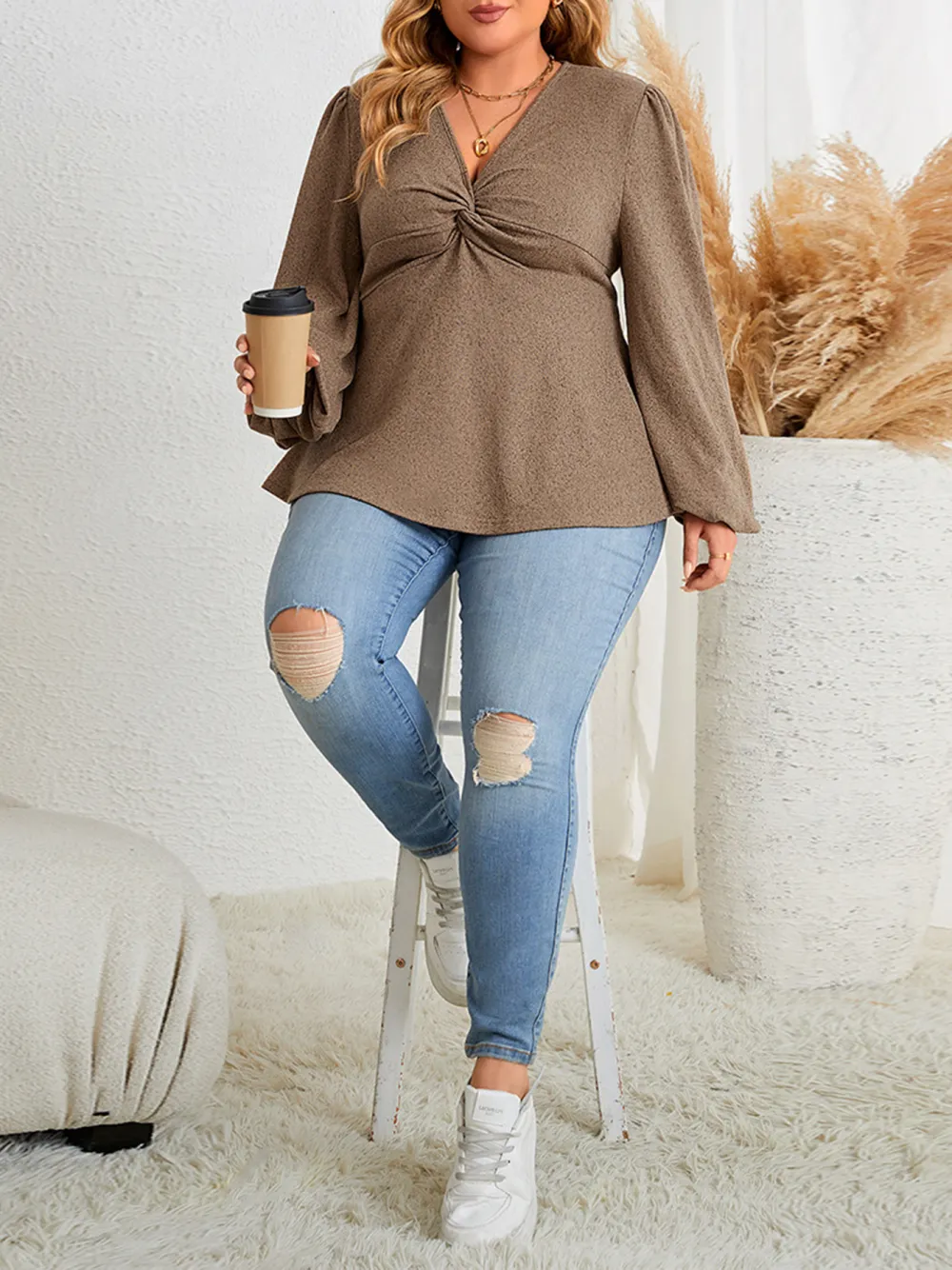 Fashion Plus Size Women Solid Color V Neck Long Sleeved Casual Tops