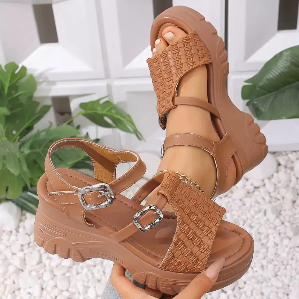 Buttoned Classic Open Toe Wedge Sandals