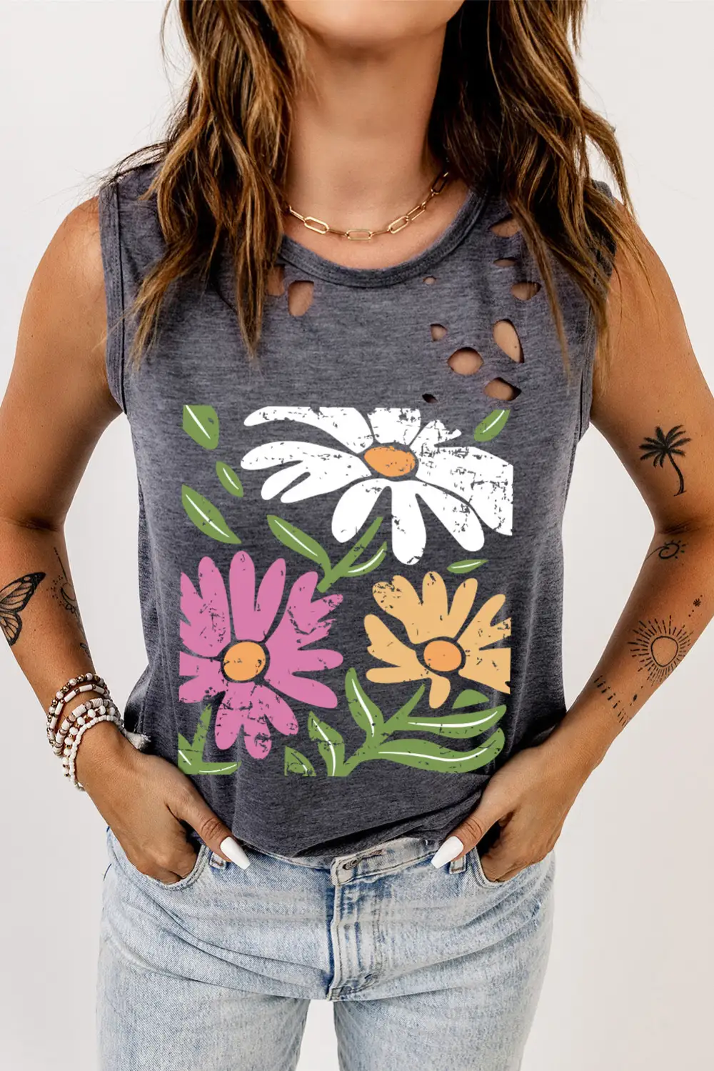 Floral Printed Ripped Crewneck Tank Top