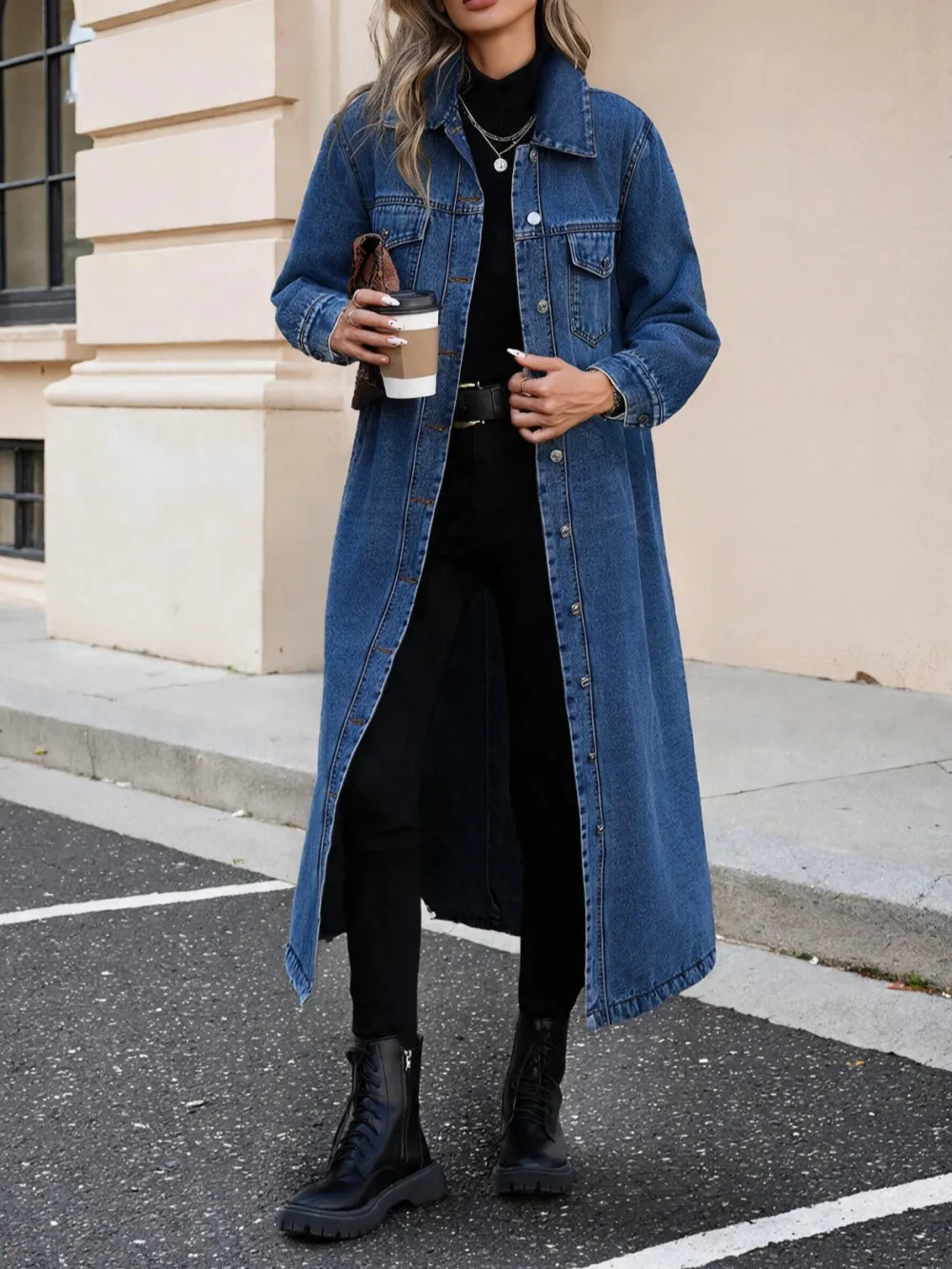 Single-Breasted Long Denim Jacket