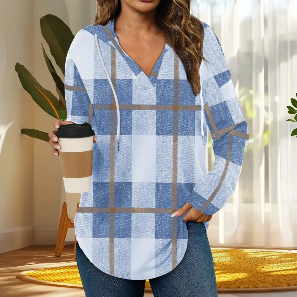 V-Neck Adjustable Drawstring Casual Plaid Long Sleeve