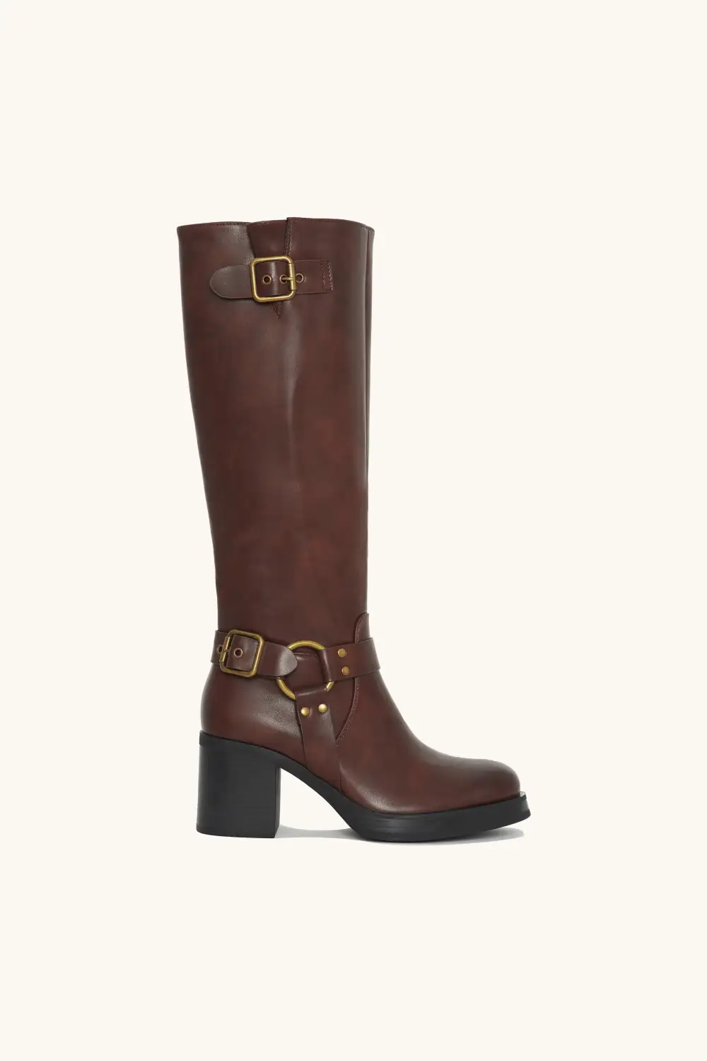 Structured Buckle Block Heel Boots