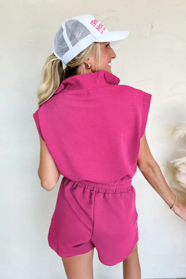 Relaxed Textured Short Sleeve Half Zip Drawstring Elastic Waistband Romper