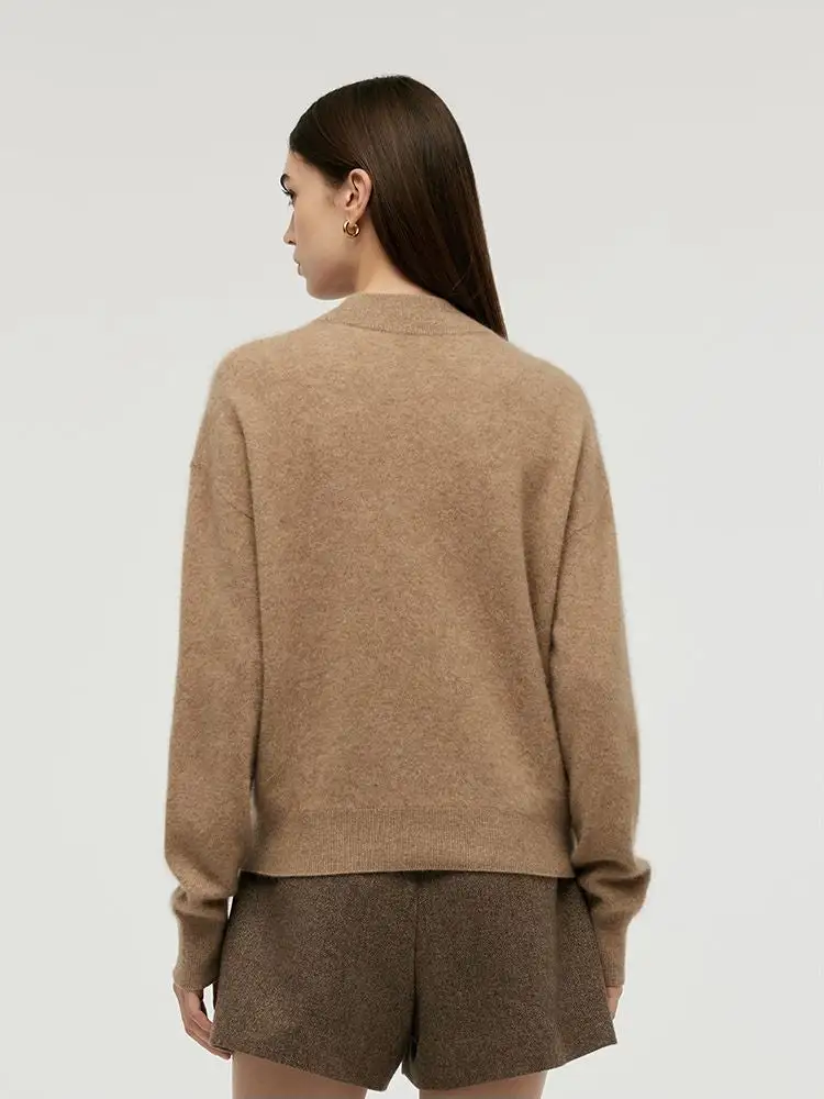 Cashmere Mock Neck Women Sweater With Wheat Ear Brooch