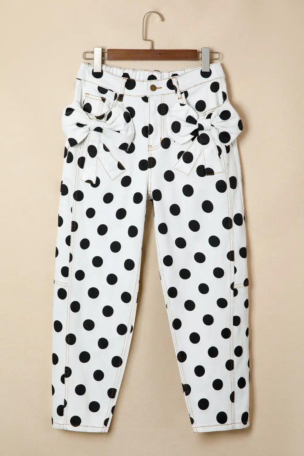 Modern Polka Dot Print Bow Detail Pocketed Jeans
