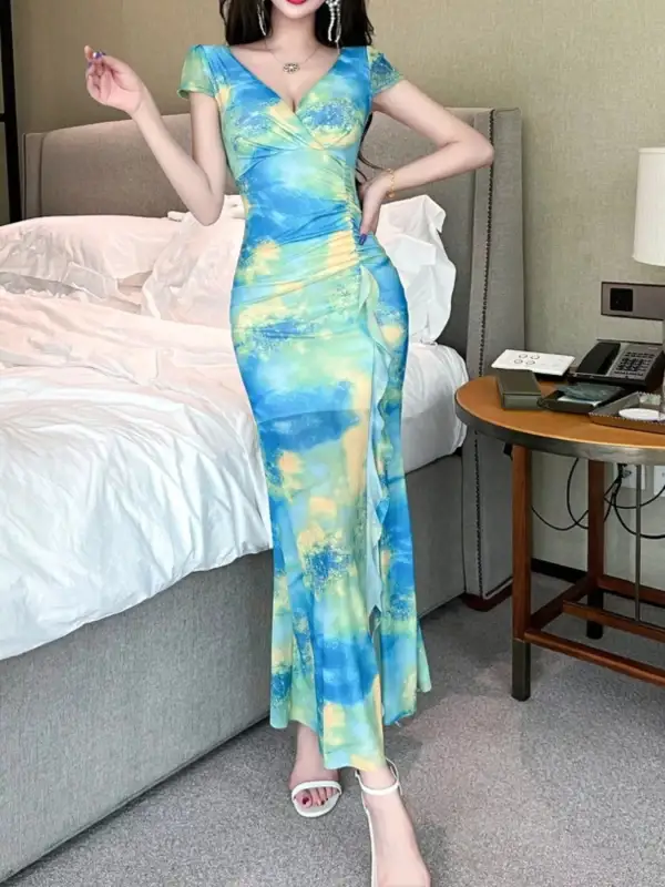 Tie Dye Surplice Ruffle Slit Dress