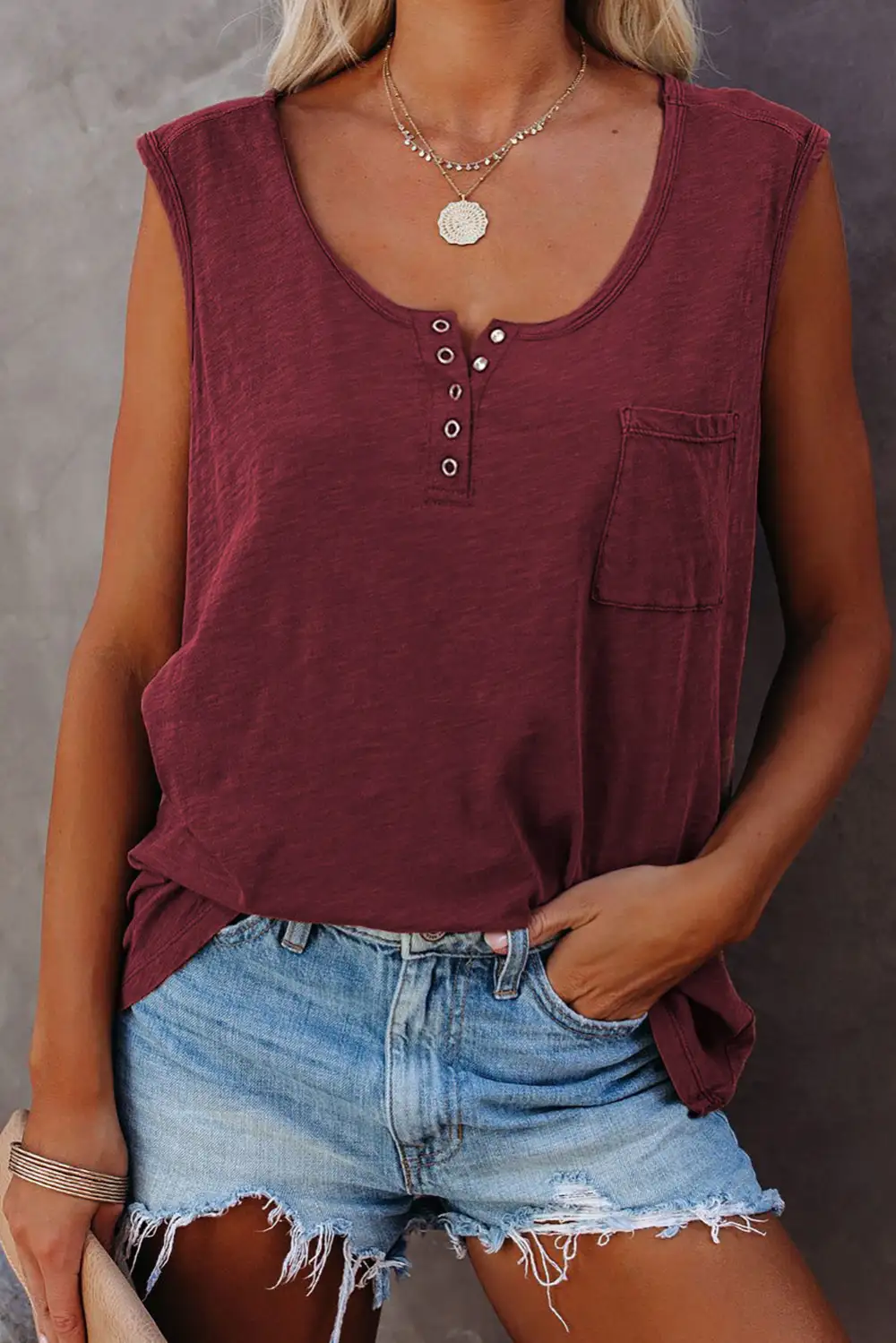 Snap Buttons Scoop Neck Tank With Pocket Top