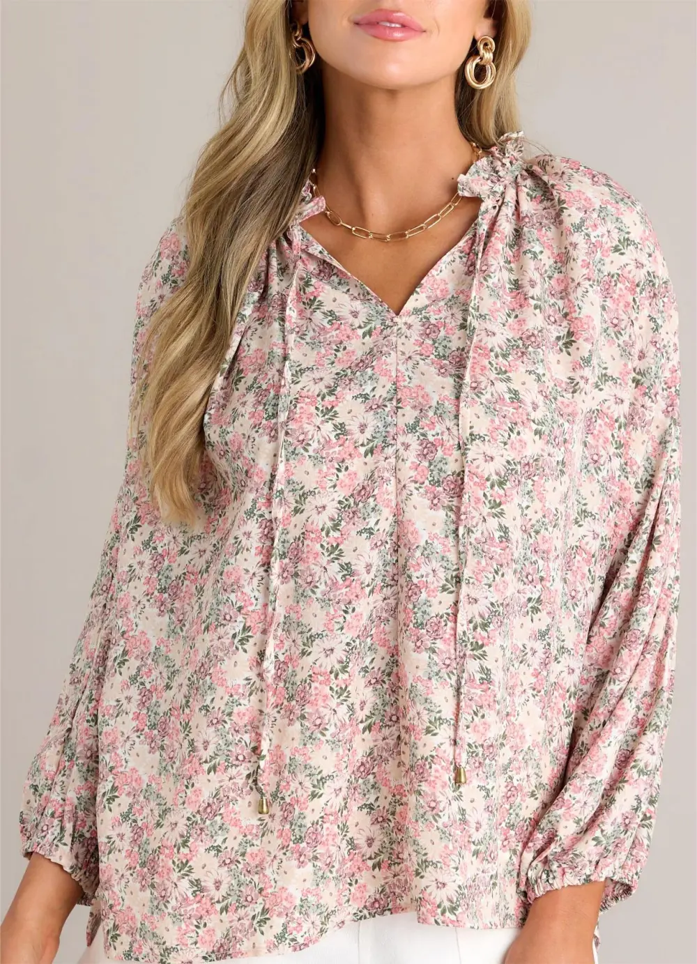 PERFECT HARMONY PINK FLORAL BISHOP SLEEVE TOP