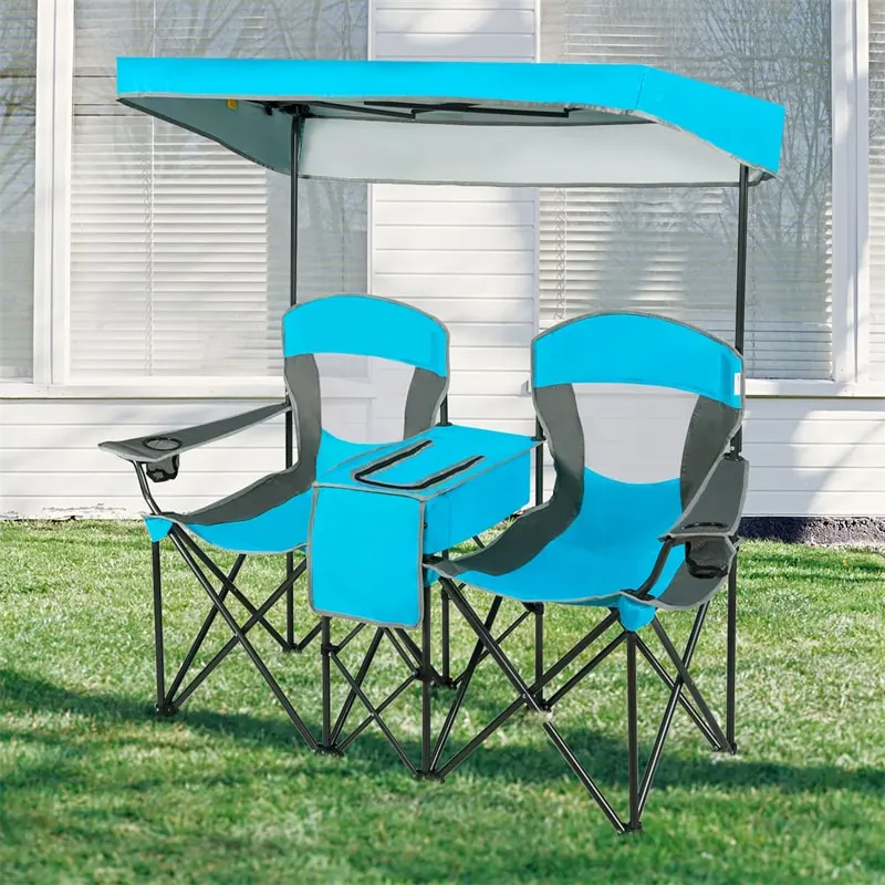 Folding Double Camping Chairs with Shade Canopy Portable Beach Chairs with Cup Holder