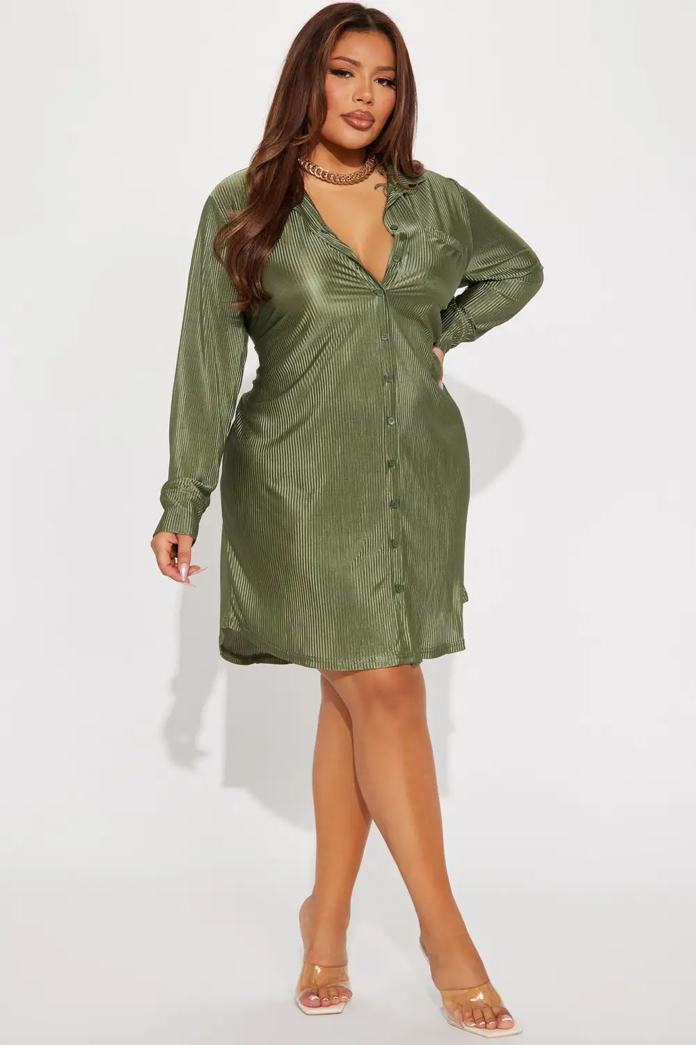 Lisa Plisse Shirt Dress - Olive