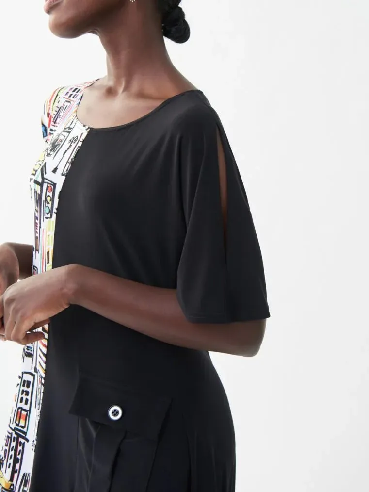 Black and Multi - Print Asymmetric Dress