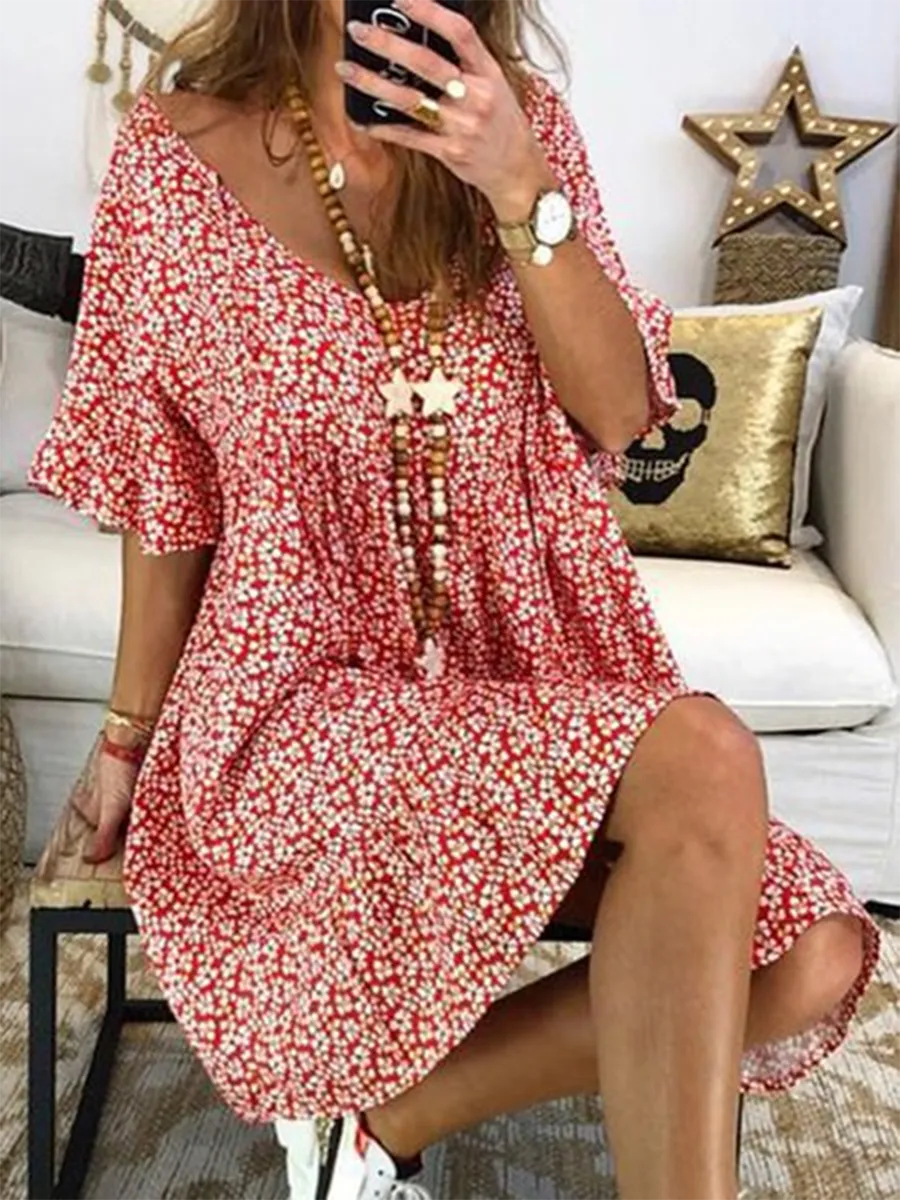 Summer Floral Print V-neck Flare Sleeve Dress