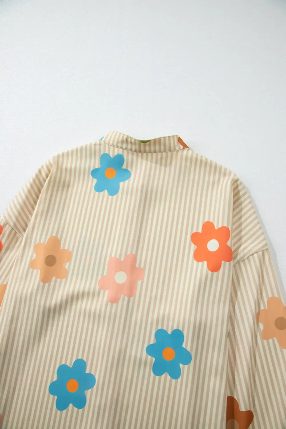 Apricot Stripe Flower Print Collared Button-Up Loose Fit Shirt