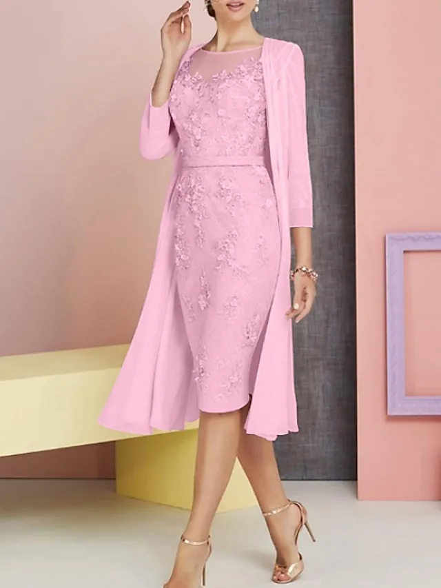 Two Piece Sheath Mother of the Bride Dress Pink Wedding Guest Church Elegant Vintage Plus Size Bateau Neck Knee Length Chiffon Lace 3/4 Length Sleeve Jacket Dresses with Appliques 2024