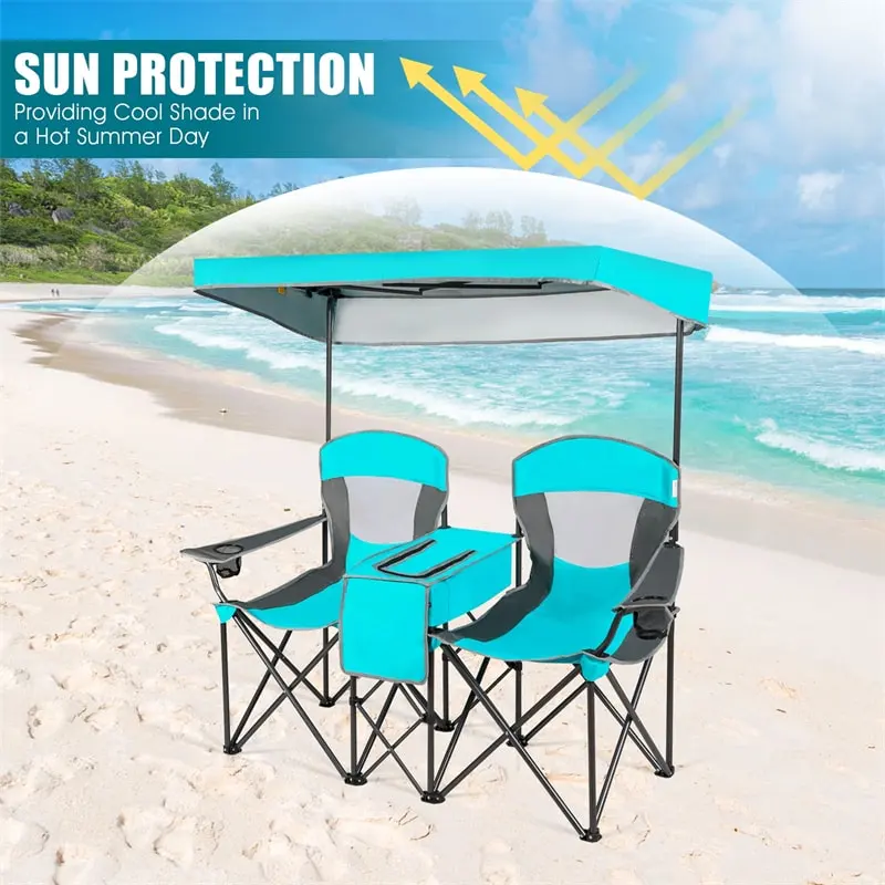 Folding Double Camping Chairs with Shade Canopy Portable Beach Chairs with Cup Holder