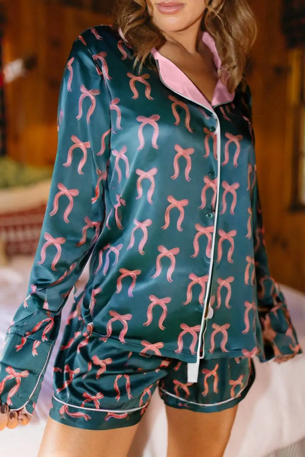 Relaxed Bow Print Ribbon Trim Short Pajama Set