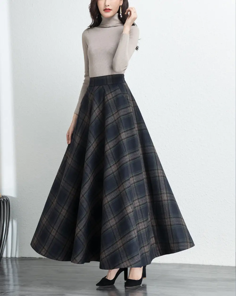 Plaid Wool Maxi Skirt