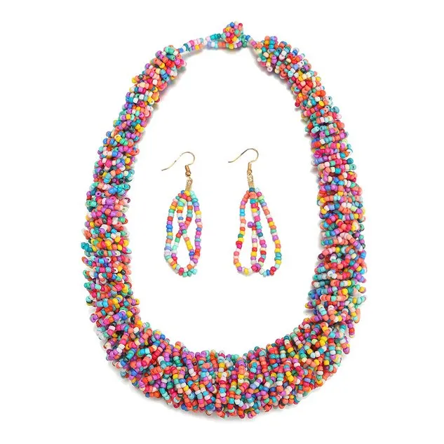 European and American Bohemian Ethnic Style Colorful Twine Necklace Earrings Set