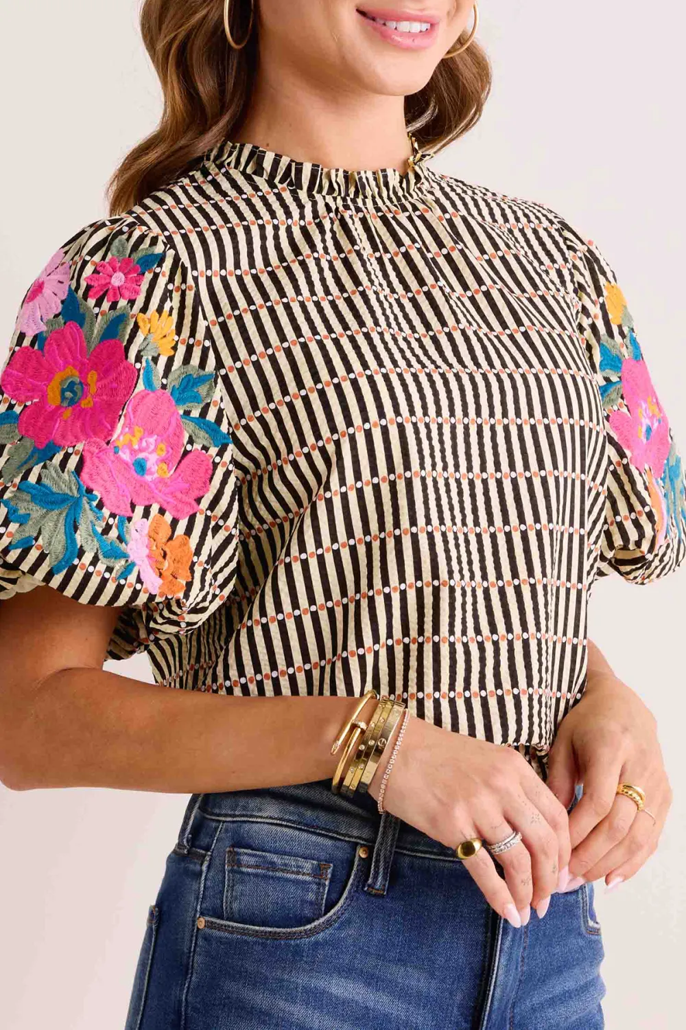 Floral Embroidered Puff Sleeve Checked Top