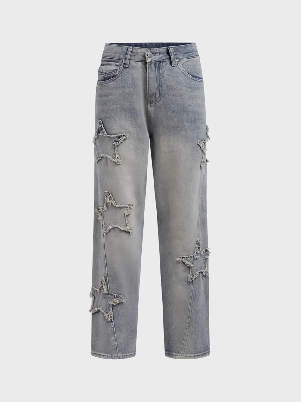 【Final Sale】Denim Raw Edge Embroidery Star Straight Jeans