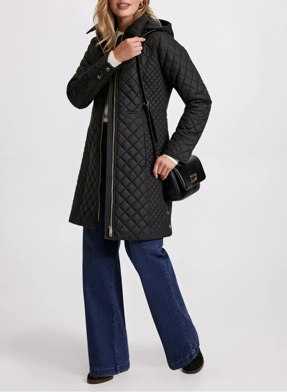 Long Black Zippered Down Coat