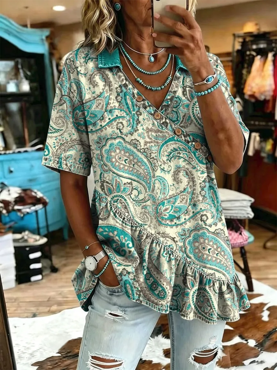 Women's Vintage Flowers Print Casual Ruffles Denim Short Sleeve Shirt