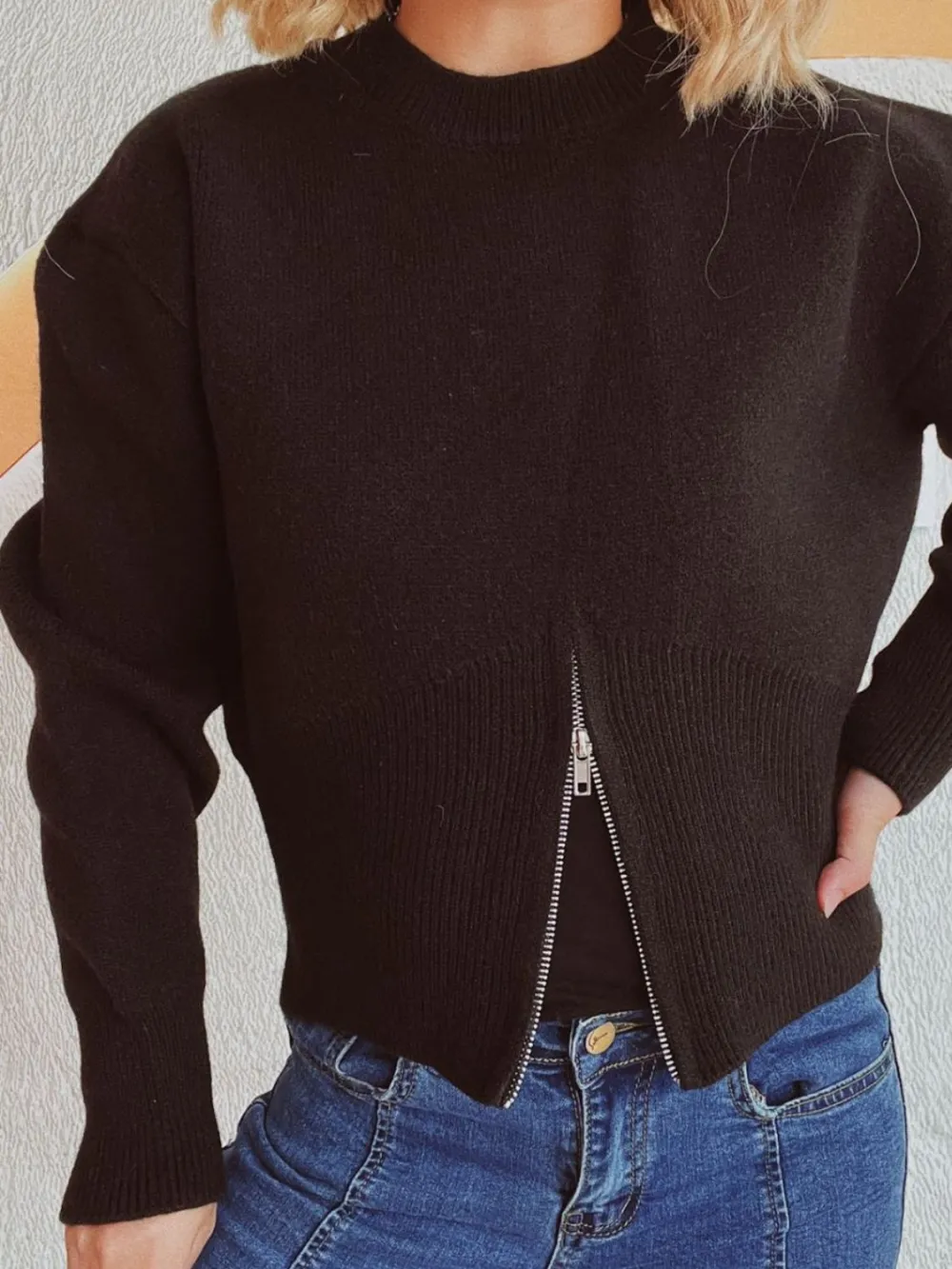 Round Neck Half Zip Long Sleeve Sweater -Ships 10/11