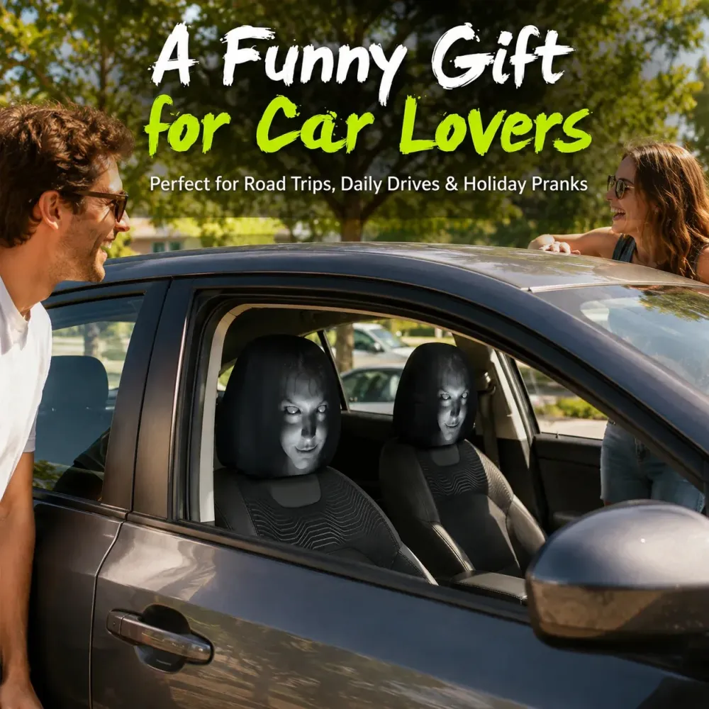 Black & White Creepy Smile Design Car Headrest Cover Stretch Universal Horror Car Dust Cover