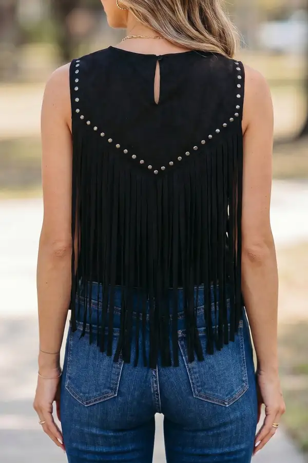 Western Fringe Rivet Paneling Bust Sleeveless Top