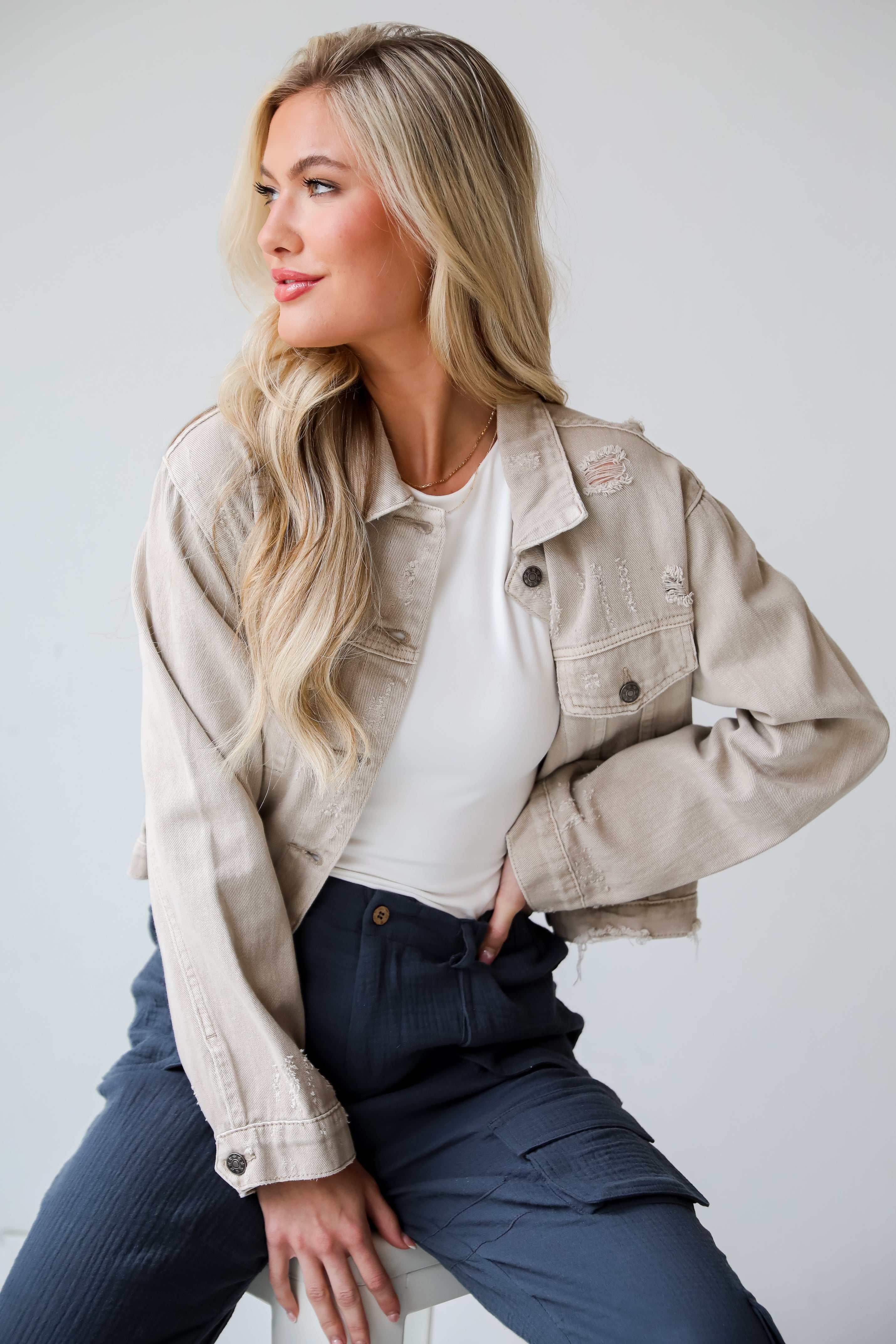 FINAL SALE - Definite Icon Taupe Distressed Cropped Denim Jacket