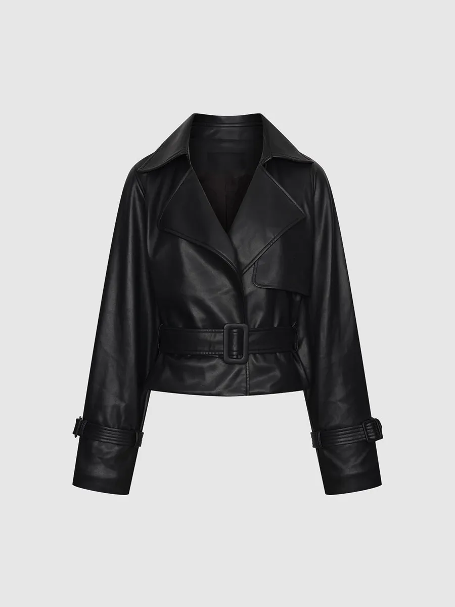 A Black Belt Lapel Elegant Leather Jacket For Ladies