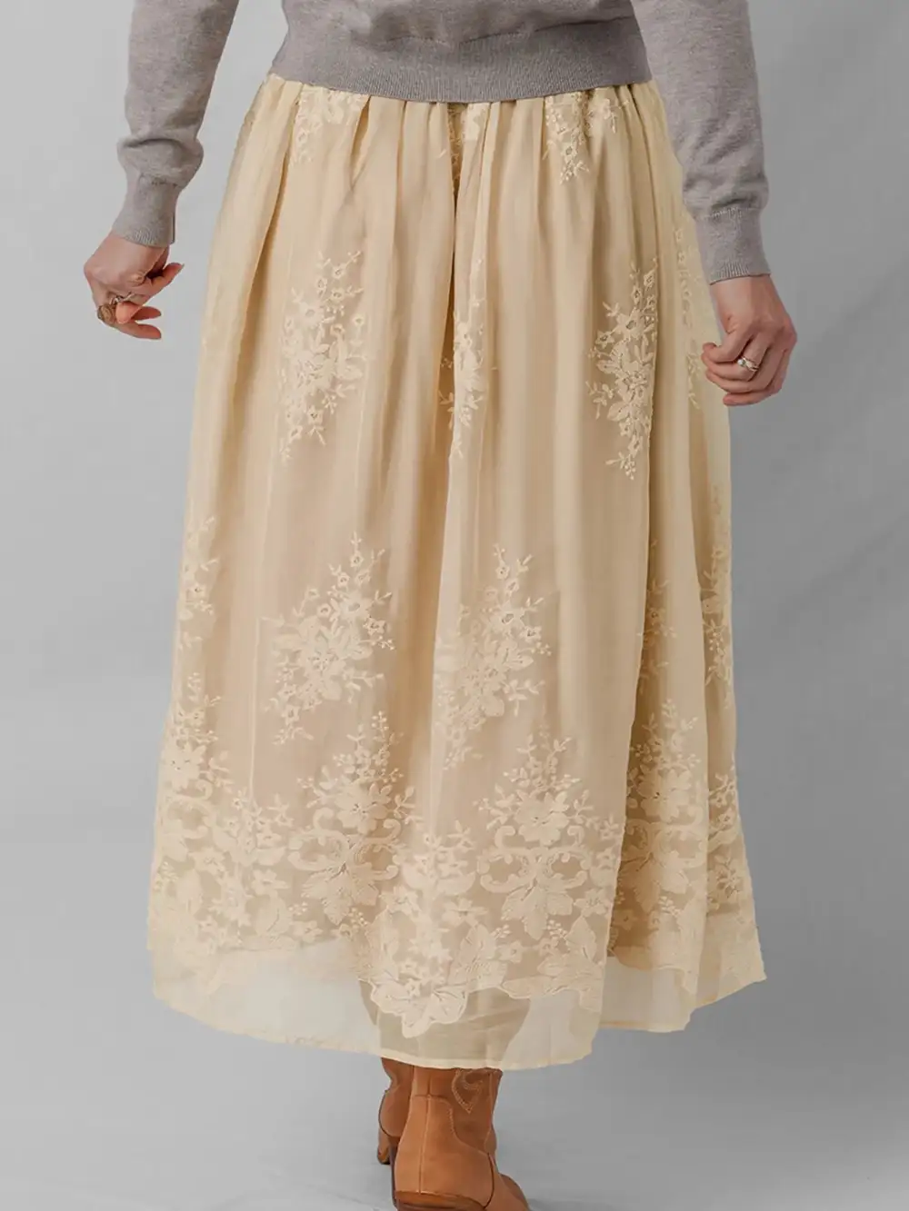 Mesh Embroidered Midi Skirt