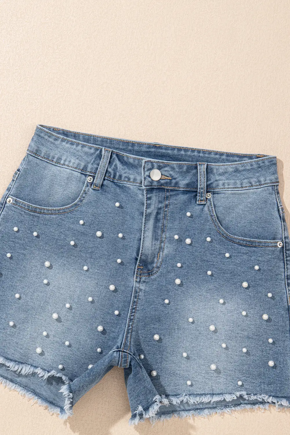 Pearl Beaded Raw Hem Medium Wash Denim Shorts