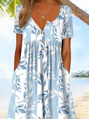 Women's Shift Dress Knee Length Dress Casual Floral Short Sleeve V Neck Stylish Dress